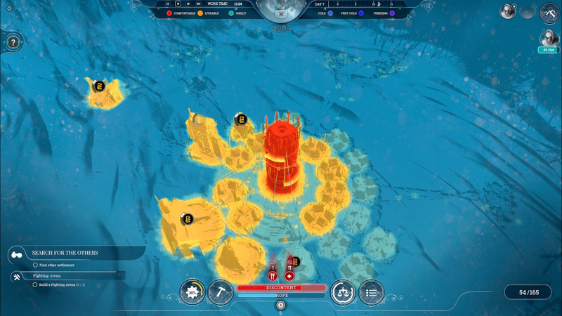 Frostpunk’s thermal map. Some buildings can be equipped with heaters that keep them warmer, but they cost coal.